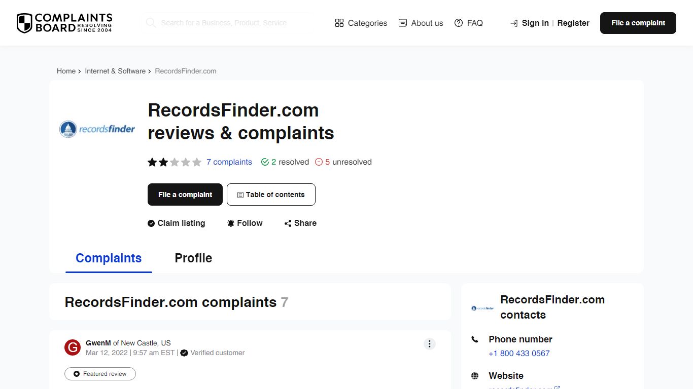 RecordsFinder.com: Reviews, Complaints, Customer Claims